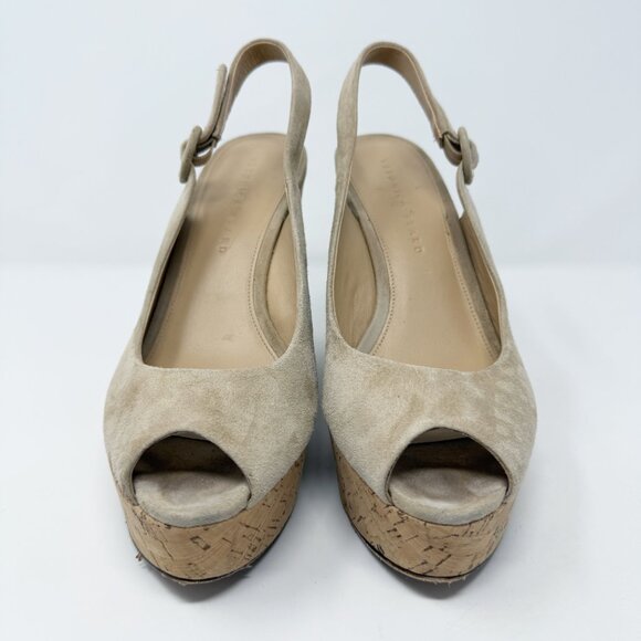 Veronica Beard Tan Suede Peep Toe Slingback Cork Wedges Women's Sz 8.5 High Heel - Picture 2 of 8